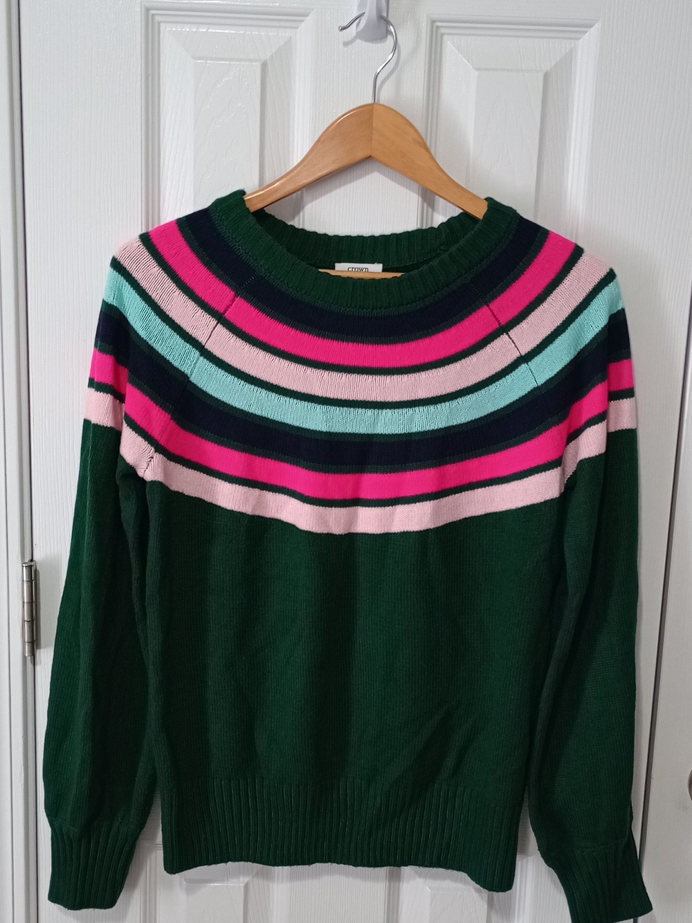 crown & ivy Green Crewneck Sweater with Pink, Light Pink & Mint Stripes